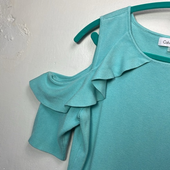 Calvin Klein Flirty Fitted Cold Shoulder Short Sleeve Sweater Aqua -M-#0007 - Picture 7 of 11